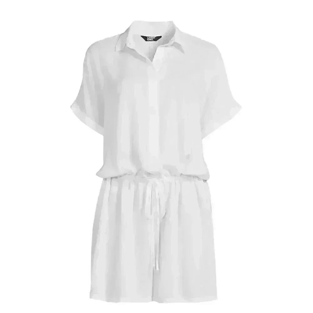 Lands' End Women's White Modal Button Front Drawstring Waist Short Sleeve Shorts